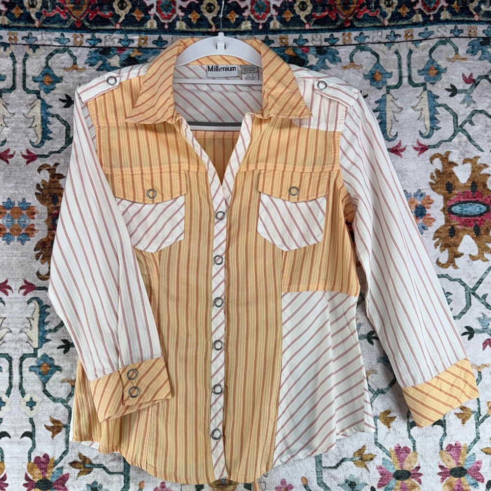 Millenium Womens Orange White Striped Patchwork Snap Front Tie Back Shirt S